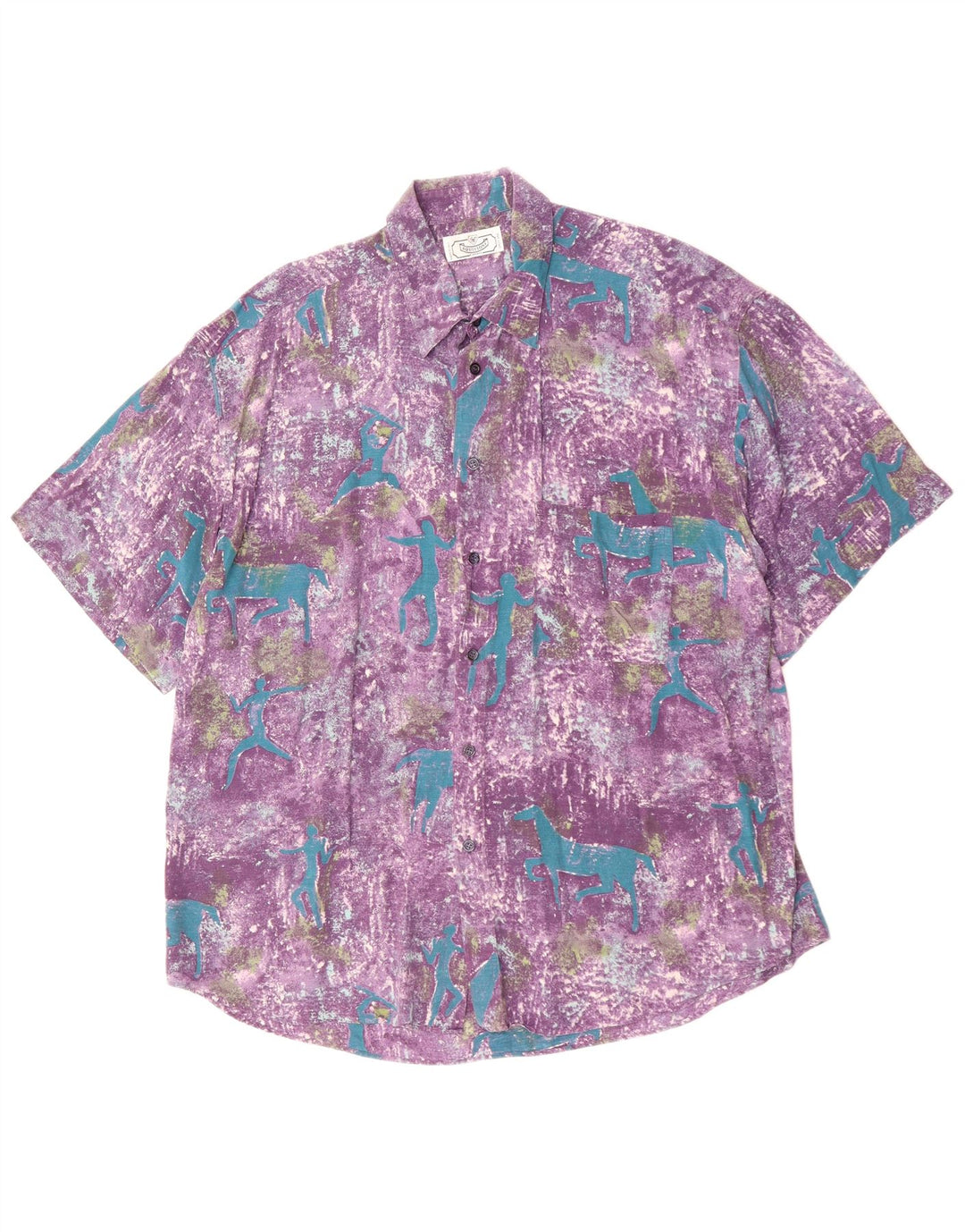 Vintage Mens Abstract Pattern Short Sleeve Shirt Large Purple Viscose