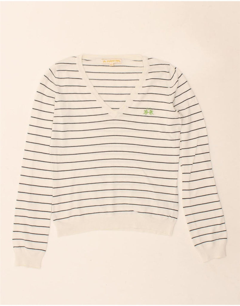 LA MARTINA Womens Loose Fit V-Neck Jumper Sweater UK 6 XS White Striped Vintage La Martina and Second-Hand La Martina from Messina Hembry 