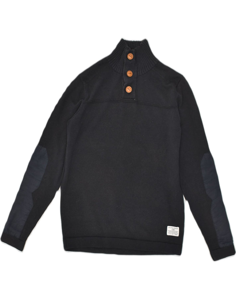 JACK & JONES Mens Button Neck Jumper Sweater Small Black Cotton | Vintage Jack & Jones | Thrift | Second-Hand Jack & Jones | Used Clothing | Messina Hembry 