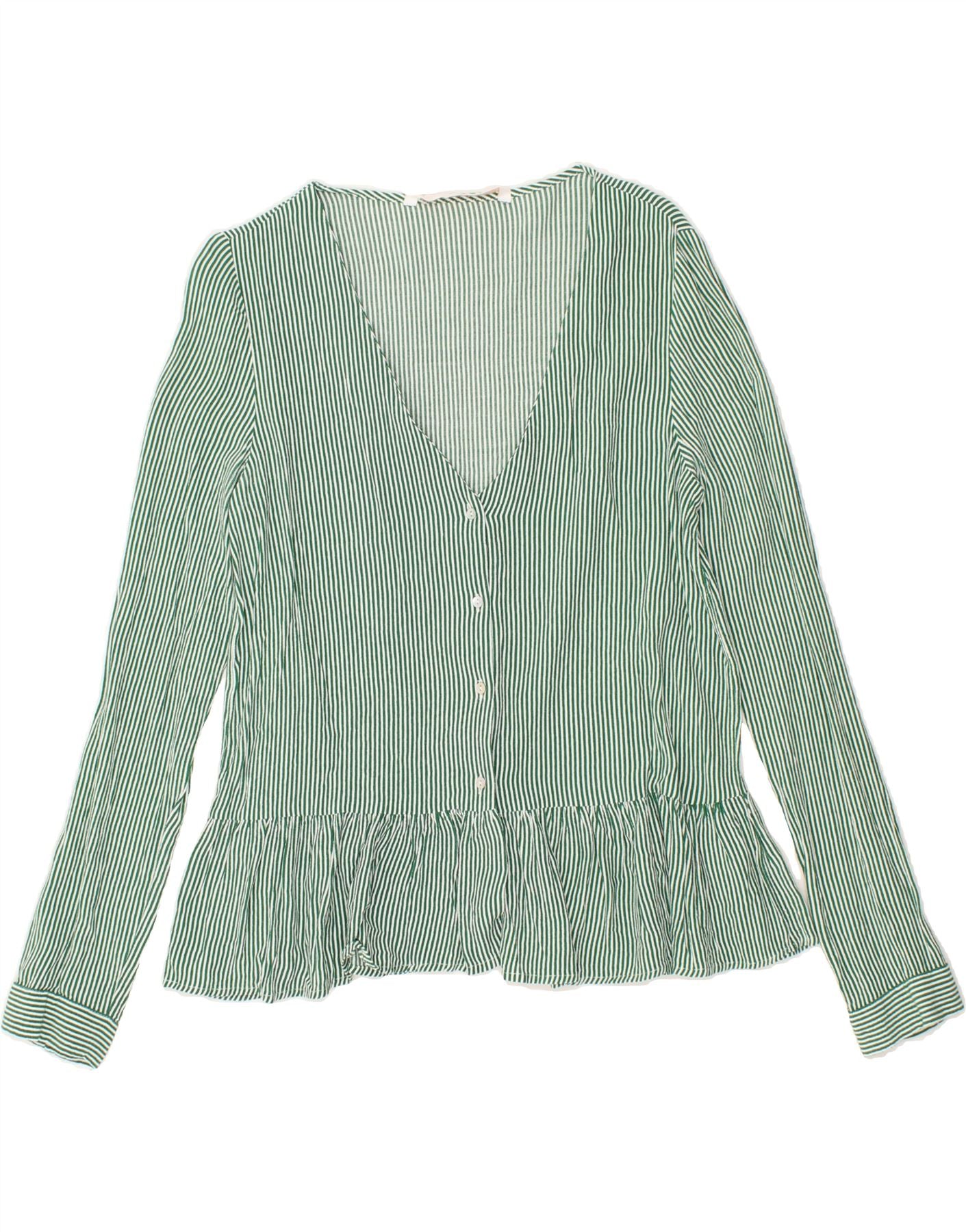 ZARA Camicia Donna UK 16 Grande Verde A Righe Viscosa