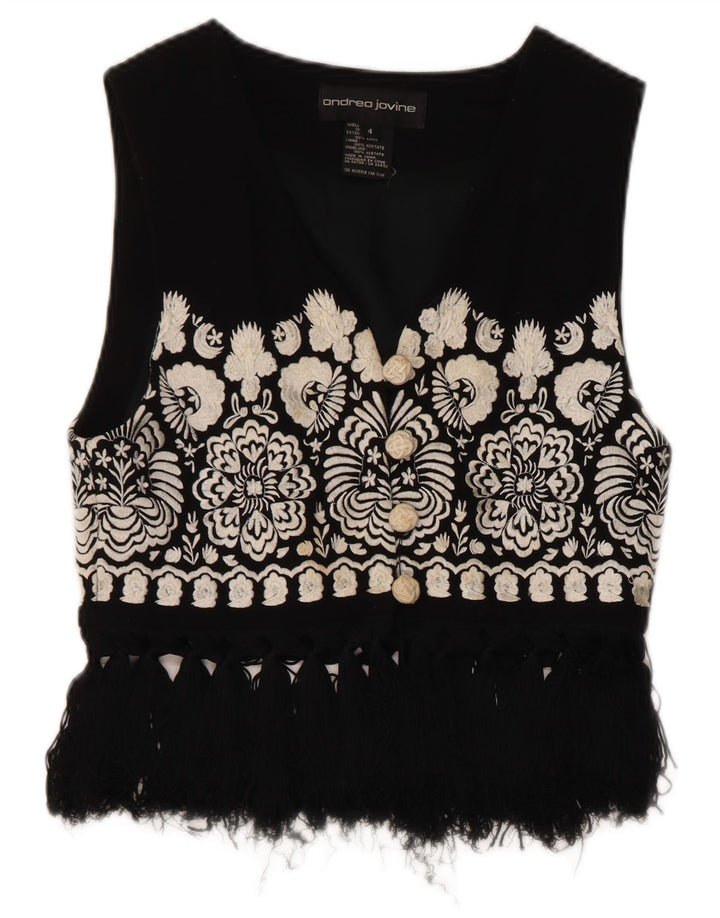 Vintage Womens Waistcoat UK 4 Small Black Floral Wool