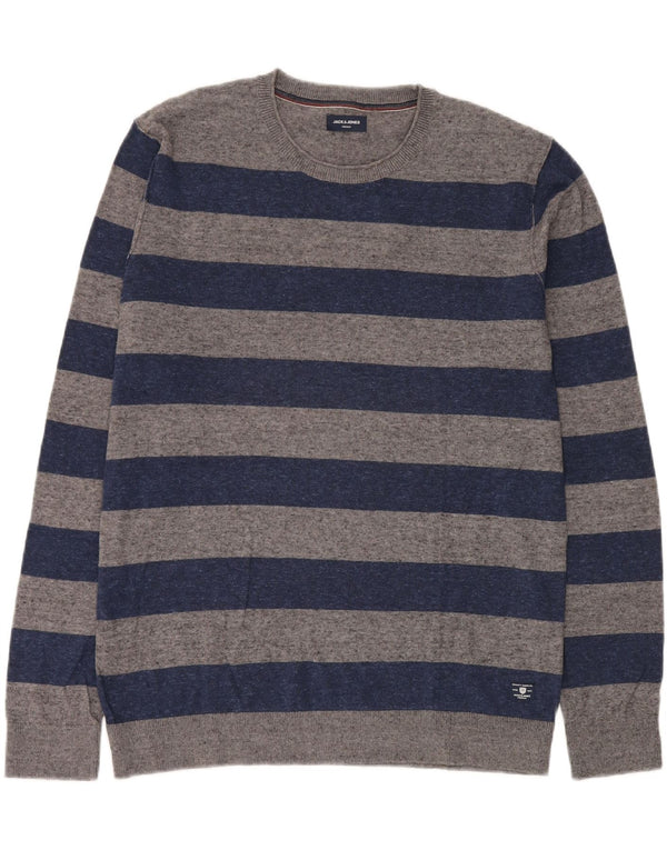 JACK & JONES Mens Crew Neck Jumper Sweater XL Grey Striped Cotton