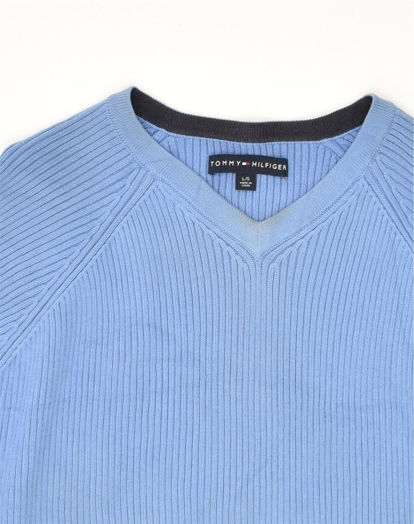 TOMMY HILFIGER Mens V-Neck Jumper Sweater Large Blue Cotton | Vintage Tommy Hilfiger | Thrift | Second-Hand Tommy Hilfiger | Used Clothing | Messina Hembry 