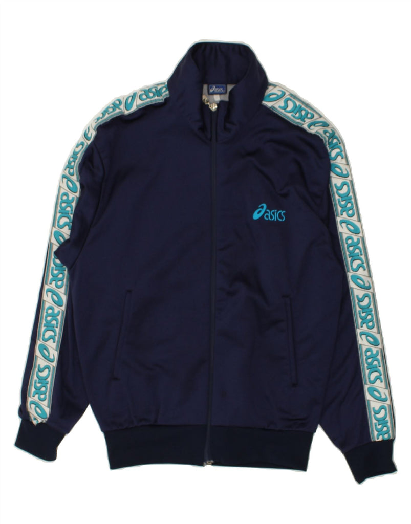 ASICS Mens Graphic Tracksuit Top Jacket IT 44 XS Navy Blue Polyamide | Vintage Asics | Thrift | Second-Hand Asics | Used Clothing | Messina Hembry 