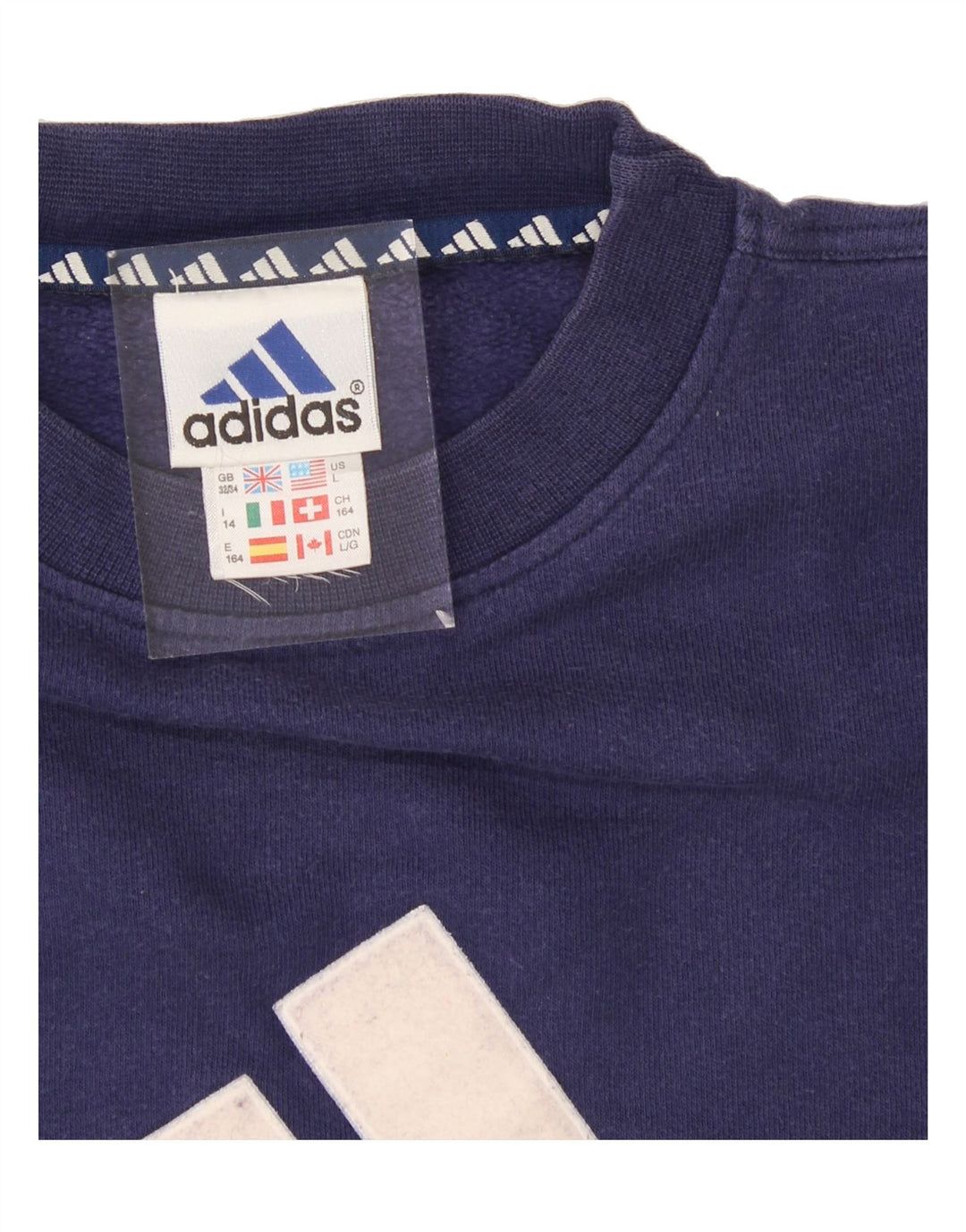 ADIDAS Boys Graphic Sweatshirt Jumper 13-14 Years Navy Blue Vintage Adidas and Second-Hand Adidas from Messina Hembry 