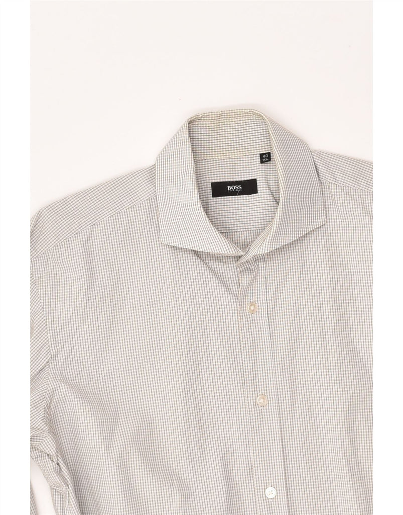 HUGO BOSS Mens Shirt Size 15 1/2 40 Medium Beige Check Cotton | Vintage Hugo Boss | Thrift | Second-Hand Hugo Boss | Used Clothing | Messina Hembry 