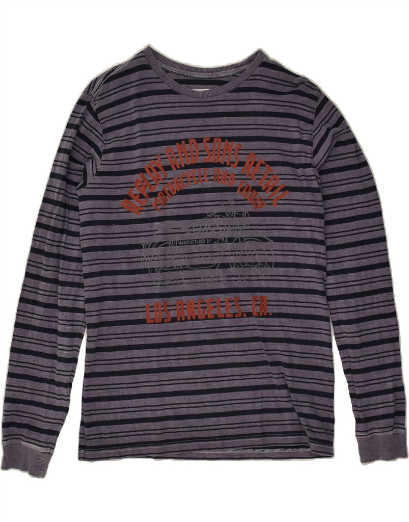 REPLAY AND SONS Boys Graphic Top Long Sleeve 15-16 Years 2XL  Blue Striped Vintage Replay and Sons and Second-Hand Replay and Sons from Messina Hembry 