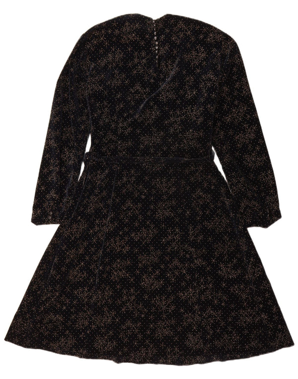 Vintage Womens Long Sleeve Velvet A-Line Dress UK 12 Medium Black Geometric