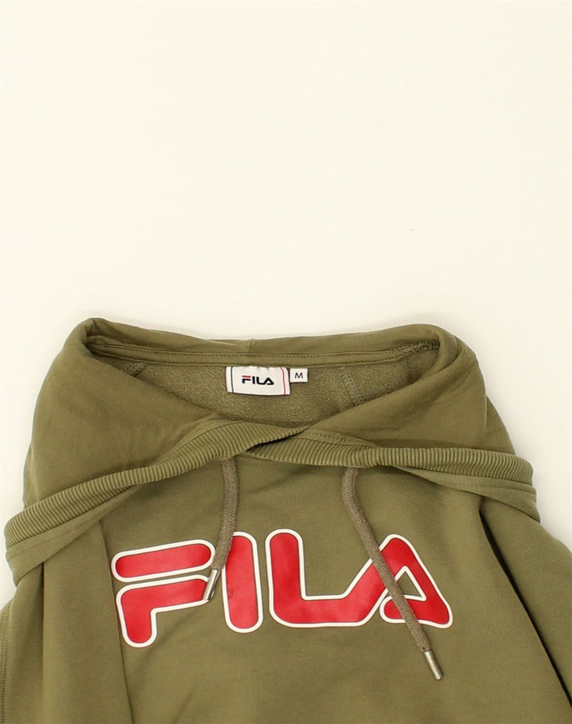 FILA Womens Graphic Hoodie Jumper UK 14 Medium Khaki Cotton | Vintage Fila | Thrift | Second-Hand Fila | Used Clothing | Messina Hembry 