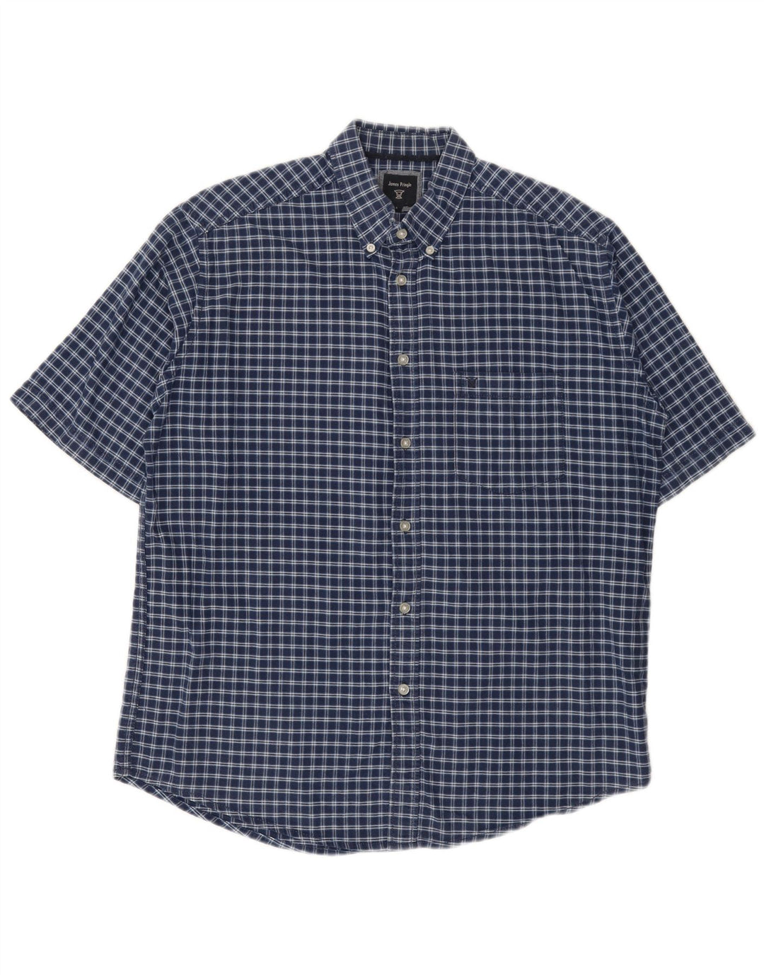 James Pringle Mens Short Sleeve Shirt Large Navy Blue Check Cotton