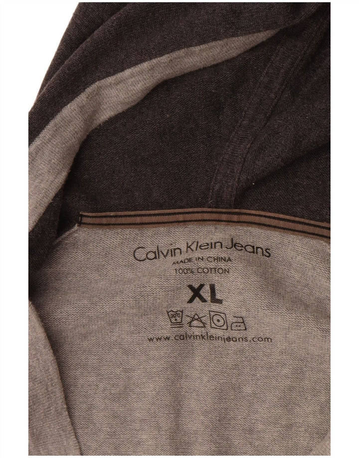 CALVIN KLEIN JEANS Mens Hooded Cardigan Sweater XL Grey Colourblock Cotton