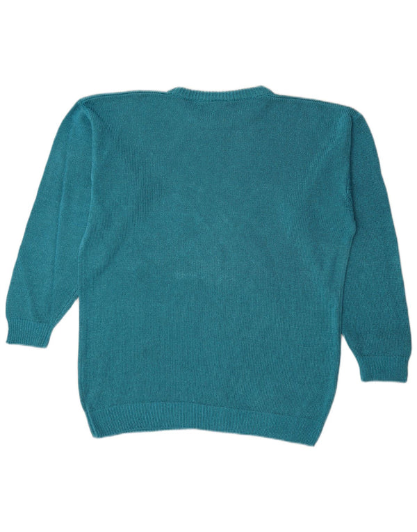 Vintage Womens Graphic Oversized Boat Neck Jumper Sweater UK 14 Medium Blue
