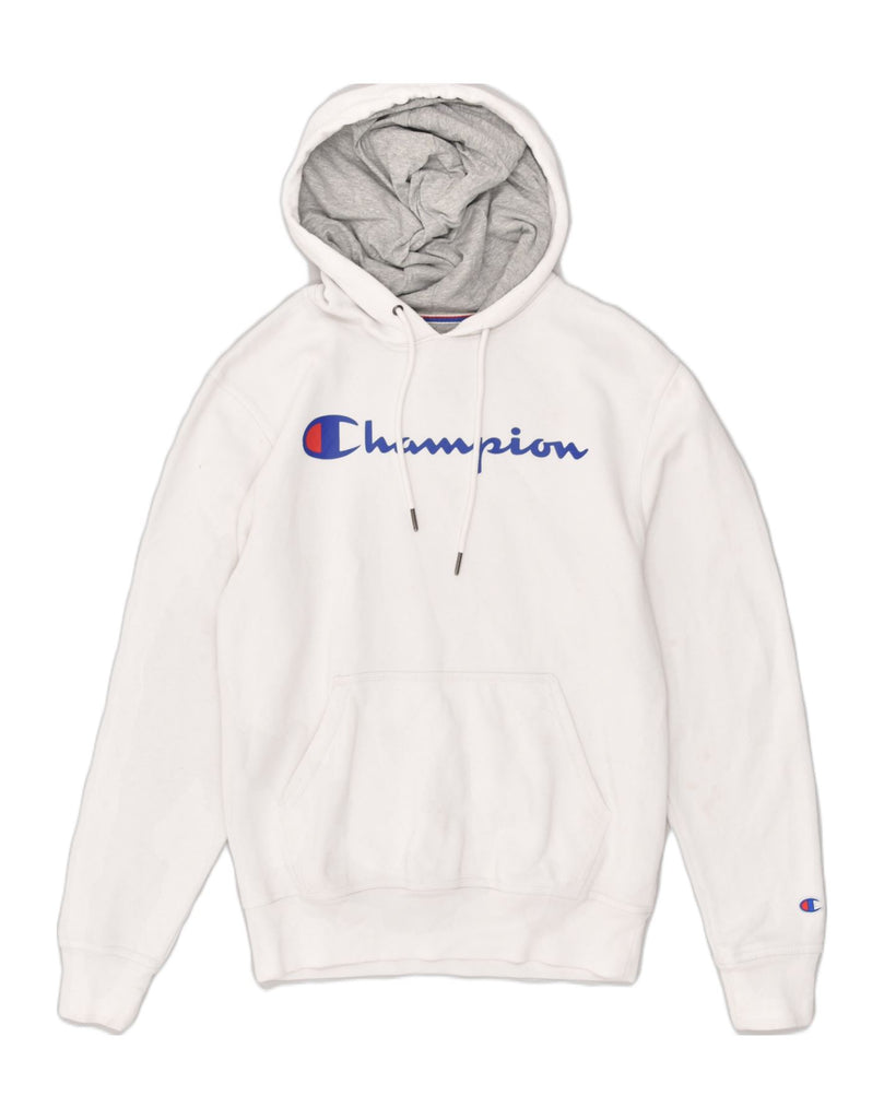 CHAMPION Mens Graphic Hoodie Jumper Small White Cotton | Vintage Champion | Thrift | Second-Hand Champion | Used Clothing | Messina Hembry 