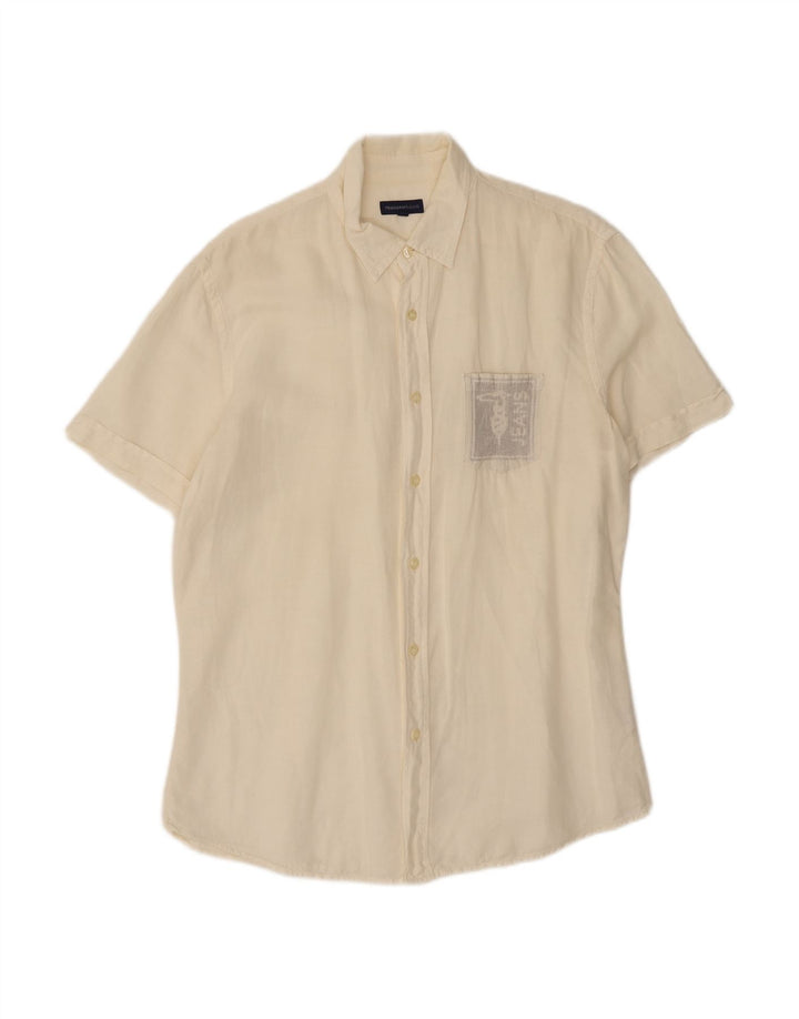 TRUSSARDI JEANS Mens Short Sleeve Shirt Large Off White Linen