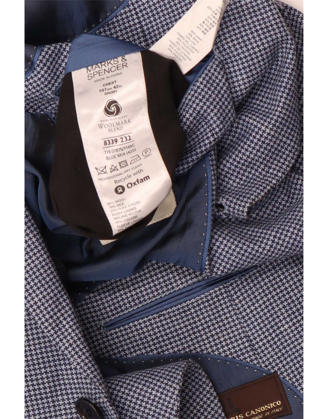 Marks & Spencer Mens Short Blazer Jacket UK 42 Large Blue Houndstooth