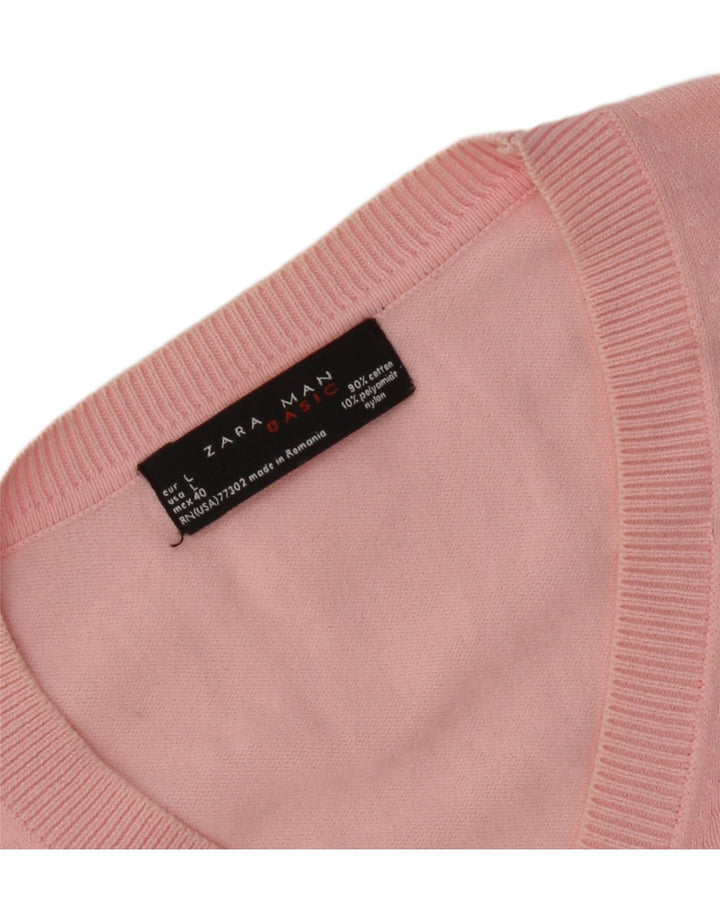 Zara Mens V-Neck Jumper Sweater Large Pink Argyle/Diamond Cotton