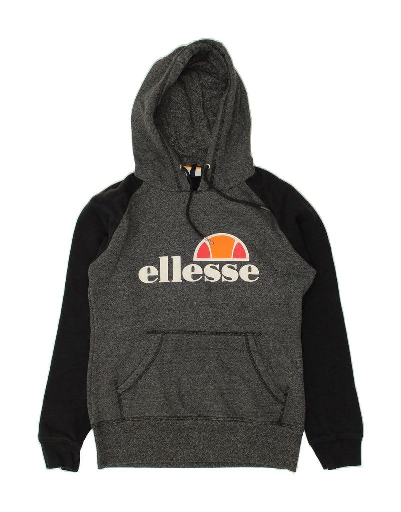 ELLESSE Womens Graphic Hoodie Jumper UK 10 Small  Grey Colourblock Cotton | Vintage Ellesse | Thrift | Second-Hand Ellesse | Used Clothing | Messina Hembry 