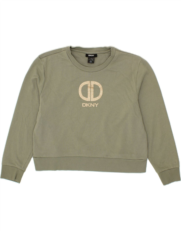DKNY Womens Graphic Crop Sweatshirt Jumper UK 16 Large Grey Cotton Vintage Dkny and Second-Hand Dkny from Messina Hembry 
