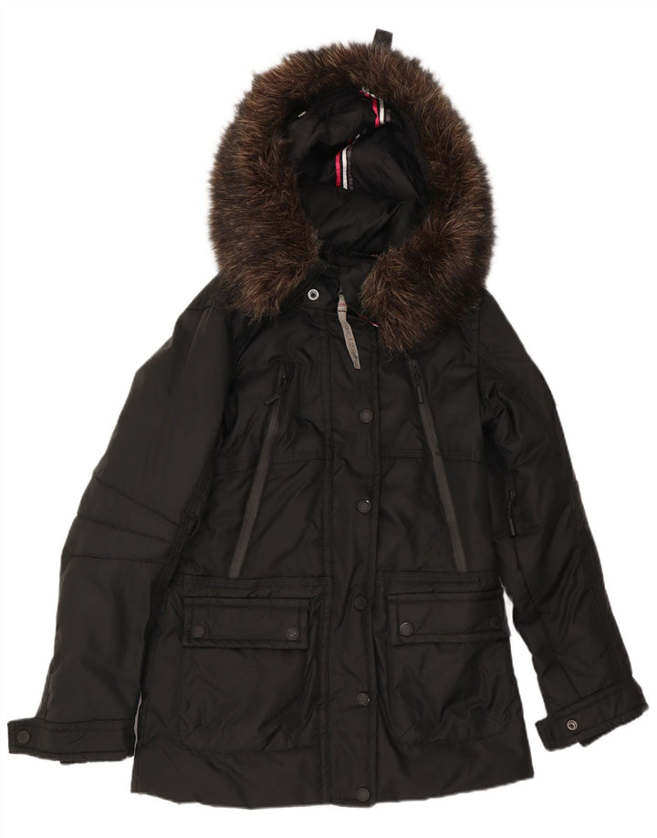 Superdry Womens Hooded Graphic Padded Jacket UK 10 Small Black Nylon