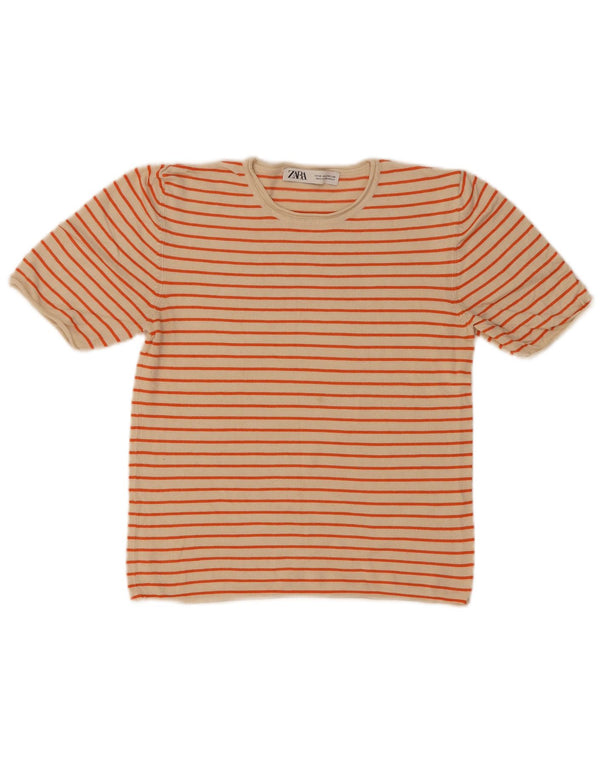 Zara Womens Crop T-Shirt Top UK 12 Medium Beige Striped Viscose