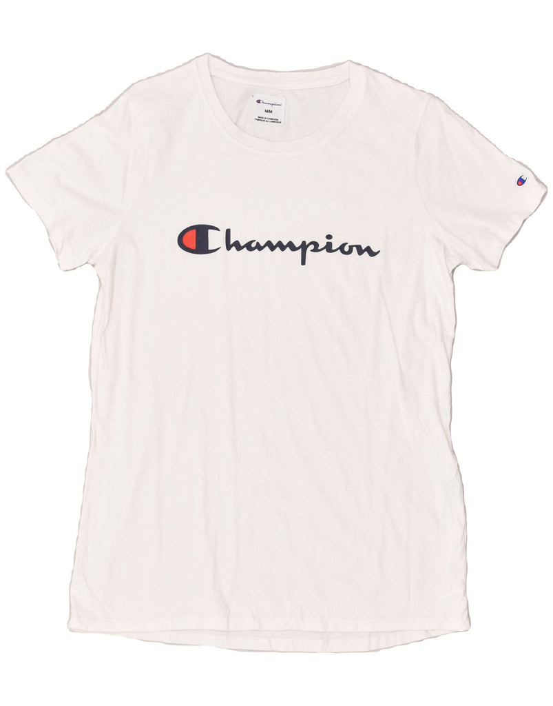 CHAMPION Womens Graphic T-Shirt Top UK 12 Medium White Cotton | Vintage Champion | Thrift | Second-Hand Champion | Used Clothing | Messina Hembry 