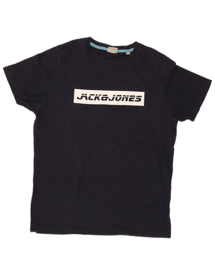 JACK & JONES Mens Graphic T-Shirt Top Medium Navy Blue Cotton