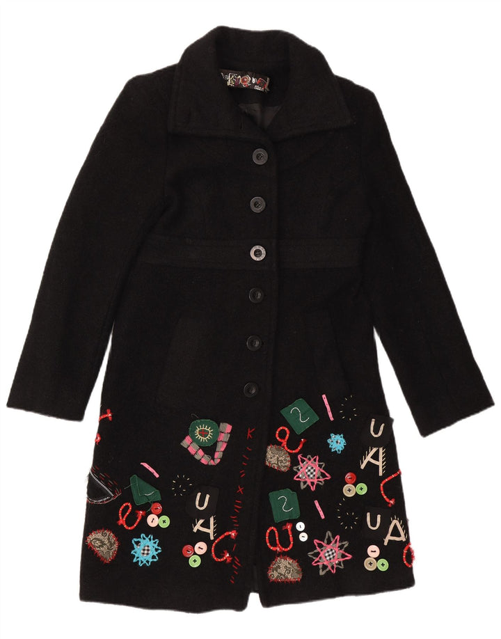 Desigual Womens Abstract Pattern Overcoat EU 40 Medium Black