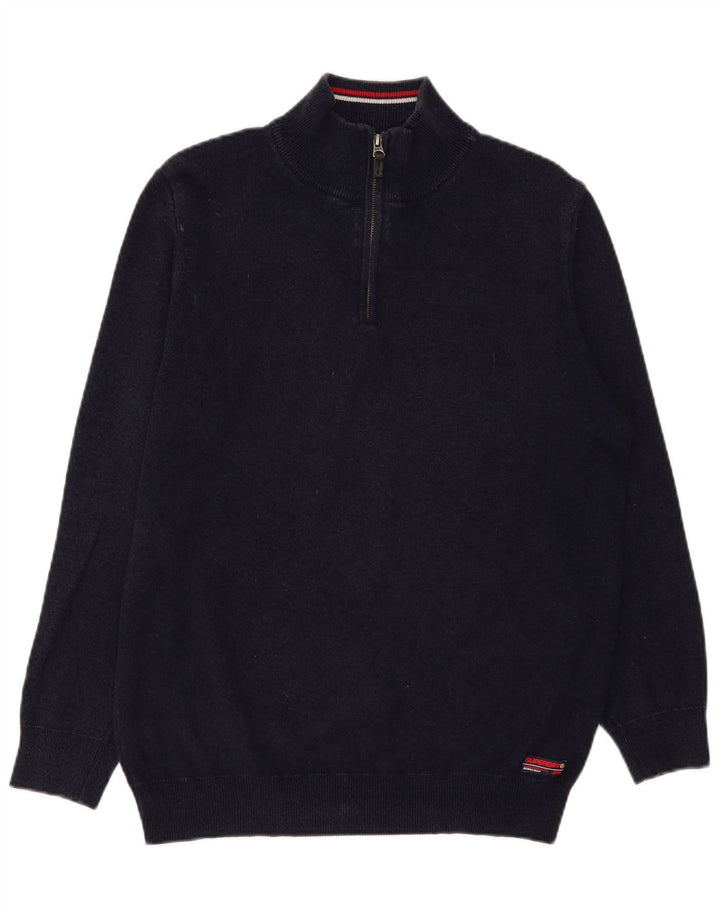 Superdry Mens Zip Neck Jumper Sweater XL Navy Blue Cotton