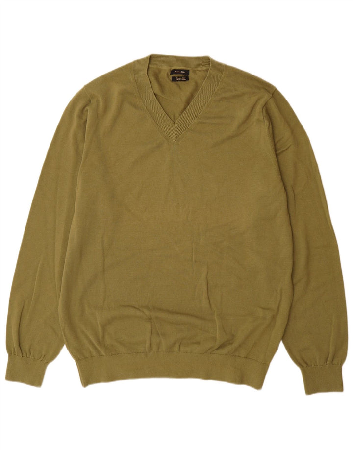 Massimo Dutti Mens V-Neck Jumper Sweater Large Khaki Cotton