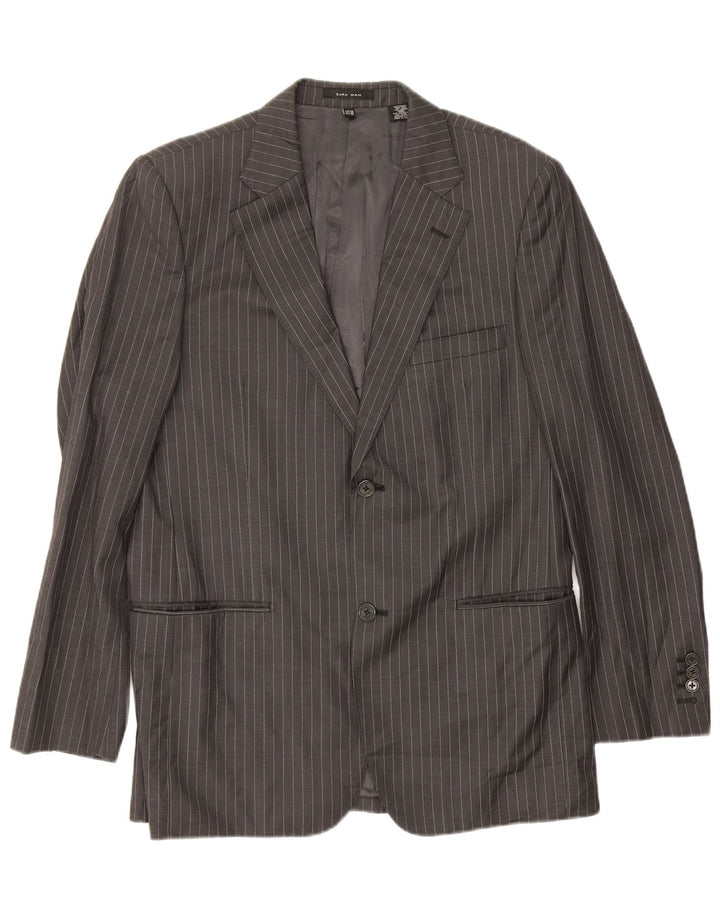 Zara Mens 2 Button Blazer Jacket EU 48 Medium Grey Pinstripe Wool
