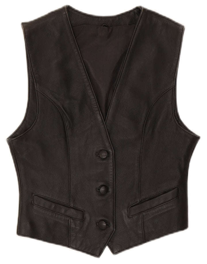 VINTAGE Womens Leather Waistcoat EU 34 XS Black Leather