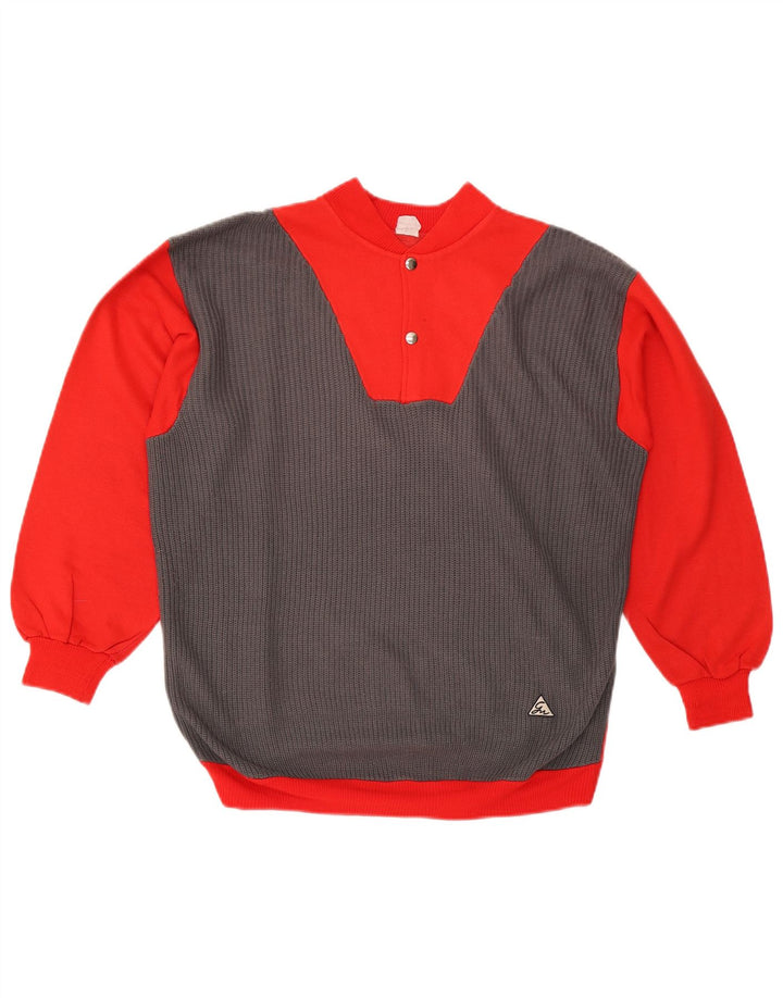 VINTAGE Mens Button Neck Sweatshirt Jumper Medium Red Colourblock