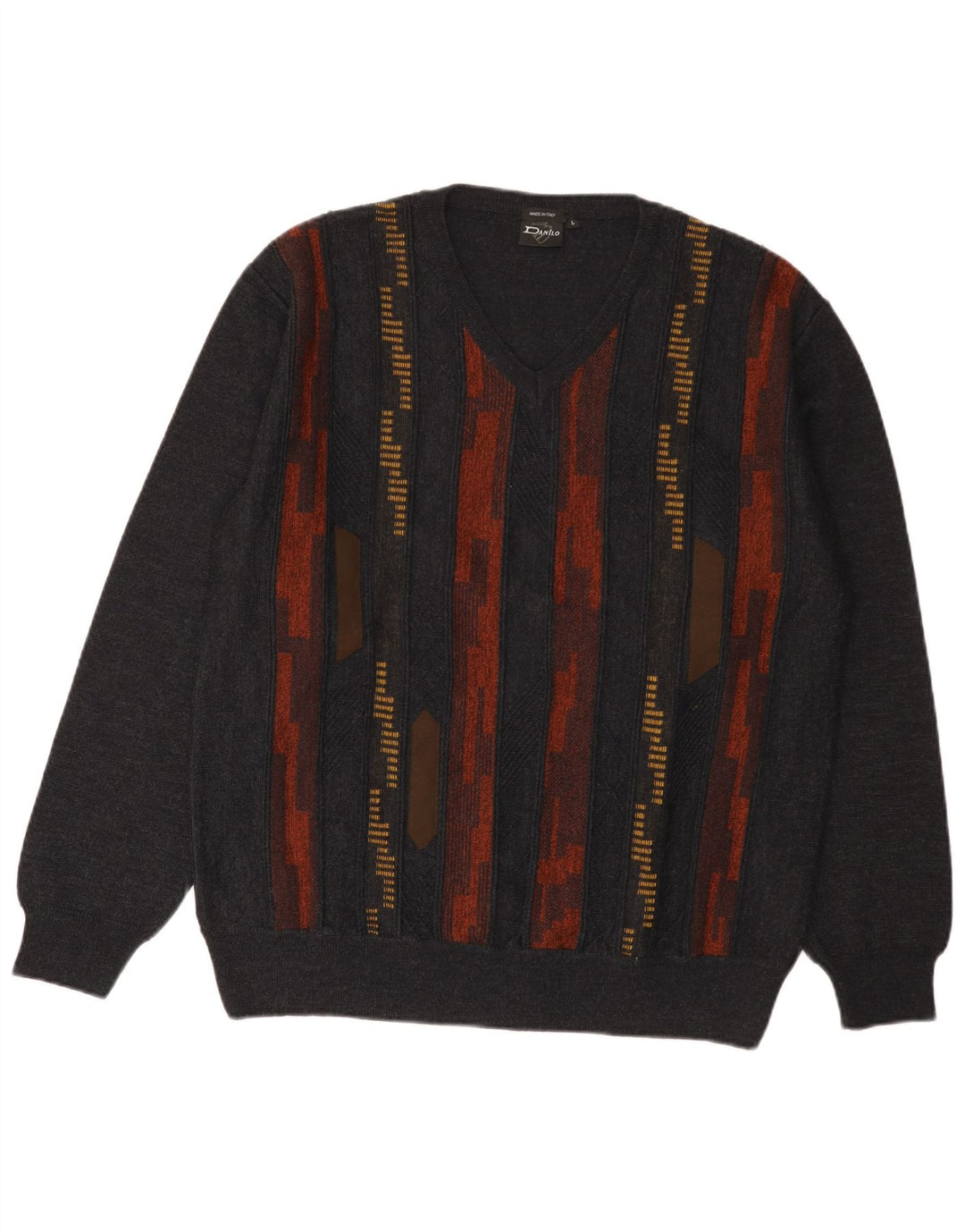 Danilo Mens V-Neck Jumper Sweater Large Grey Striped Polyacrylic