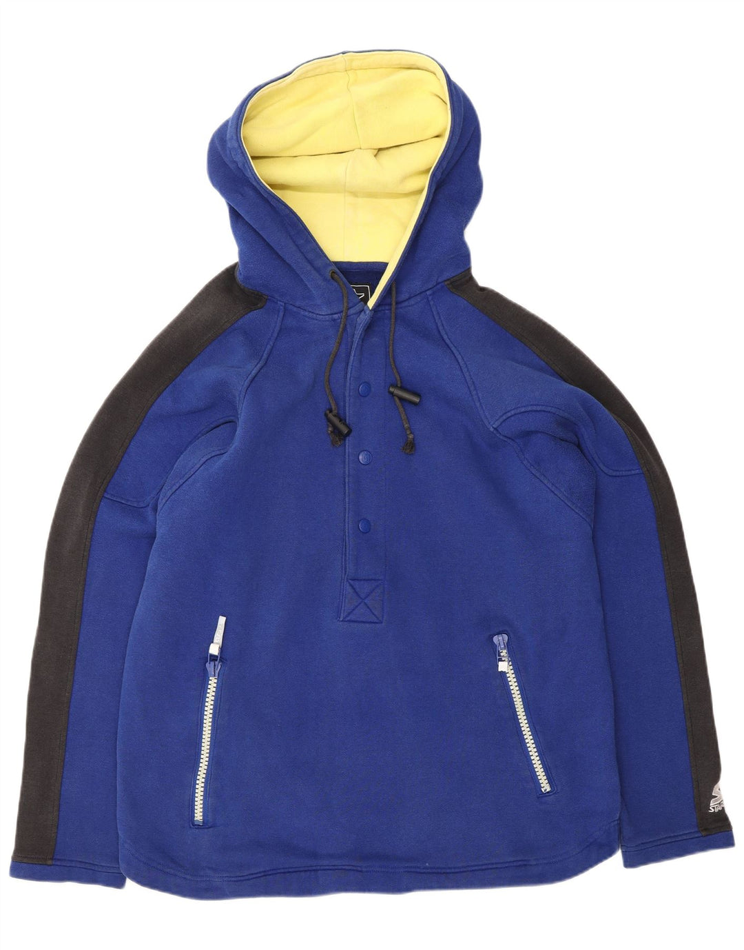 STARTER Mens Button Neck Hoodie Jumper Medium Blue Colourblock Cotton