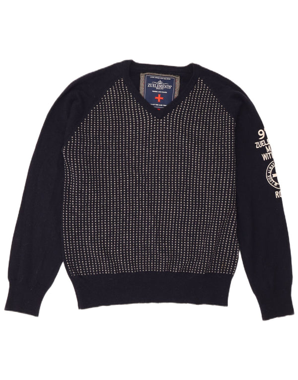 Zu Elements Mens Graphic V-Neck Jumper Sweater XL Navy Blue Geometric Wool