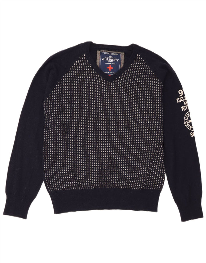 Zu Elements Mens Graphic V-Neck Jumper Sweater XL Navy Blue Geometric Wool