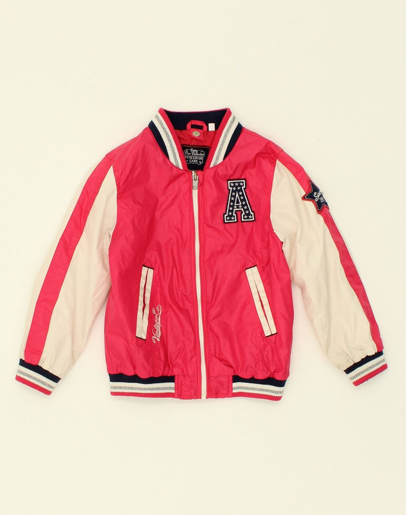 VINTAGE Girls Graphic Varsity Jacket 4-5 Years Red Colourblock Polyester | Vintage Vintage | Thrift | Second-Hand Vintage | Used Clothing | Messina Hembry 