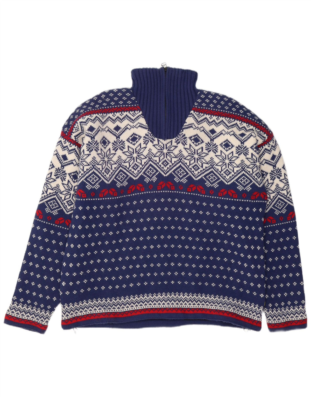 OCK Mens Zip Neck Jumper Sweater XL Navy Blue Fair Isle Wool