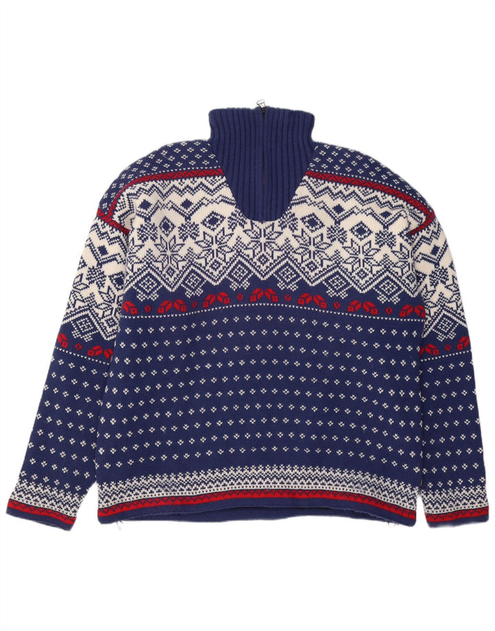 OCK Mens Zip Neck Jumper Sweater XL Navy Blue Fair Isle Wool