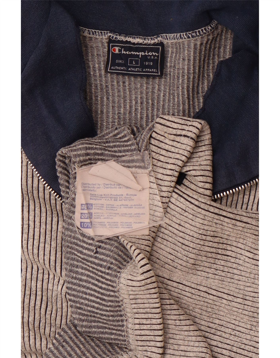 CHAMPION Mens Zip Neck T-Shirt Top Large Grey Pinstripe Cotton