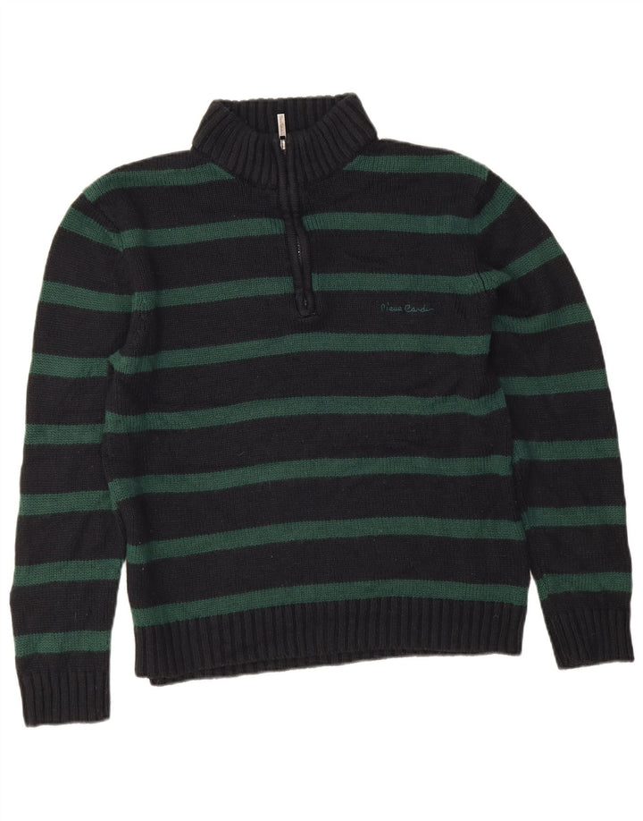 Pierre Cardin Mens Zip Neck Jumper Sweater Medium Navy Blue Striped Acrylic