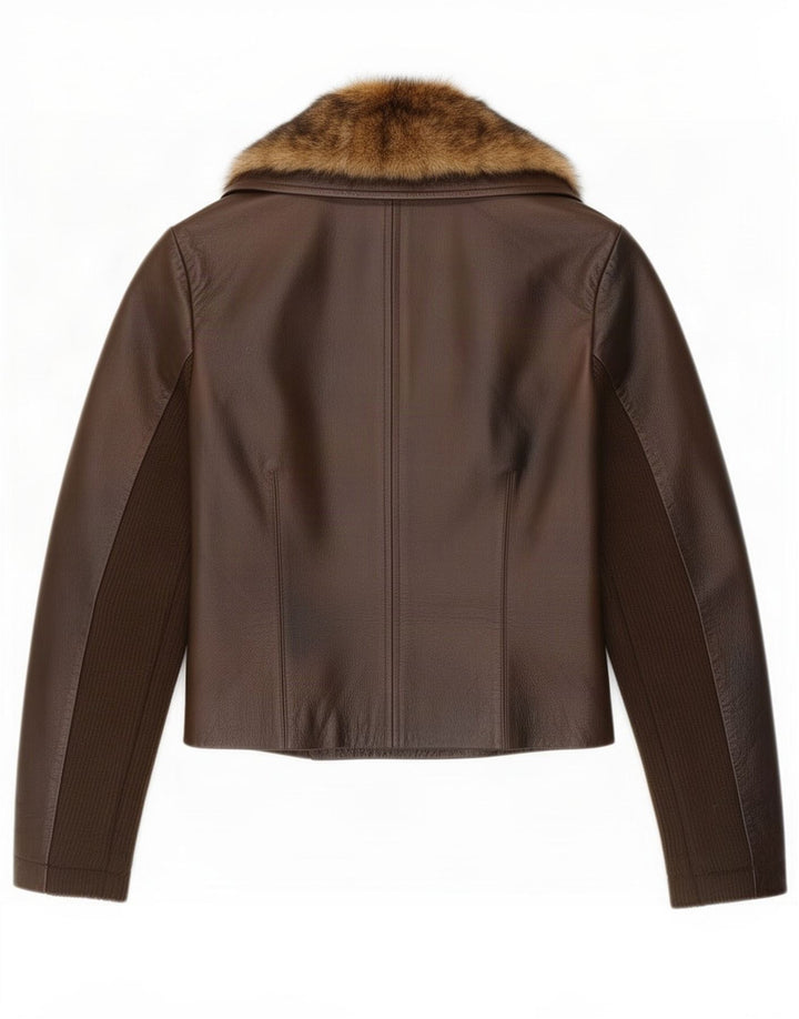 Morgan Womens Crop Leather Biker Jacket UK 10 Small Brown