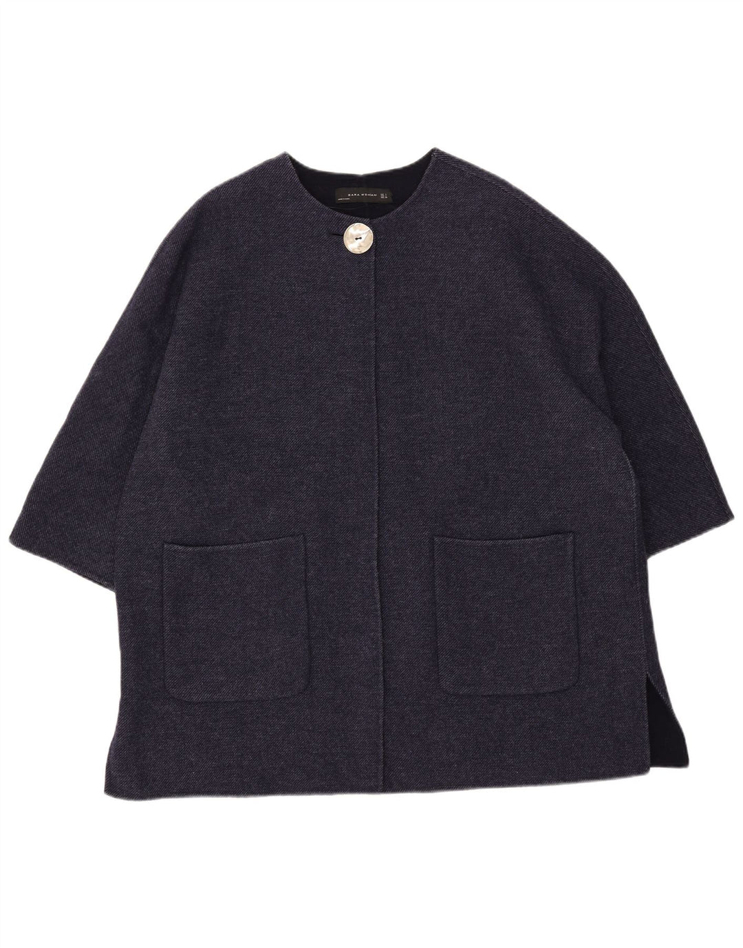 Zara Womens 3/4 Sleeve Oversized Overcoat UK 16 Large Navy Blue Wool