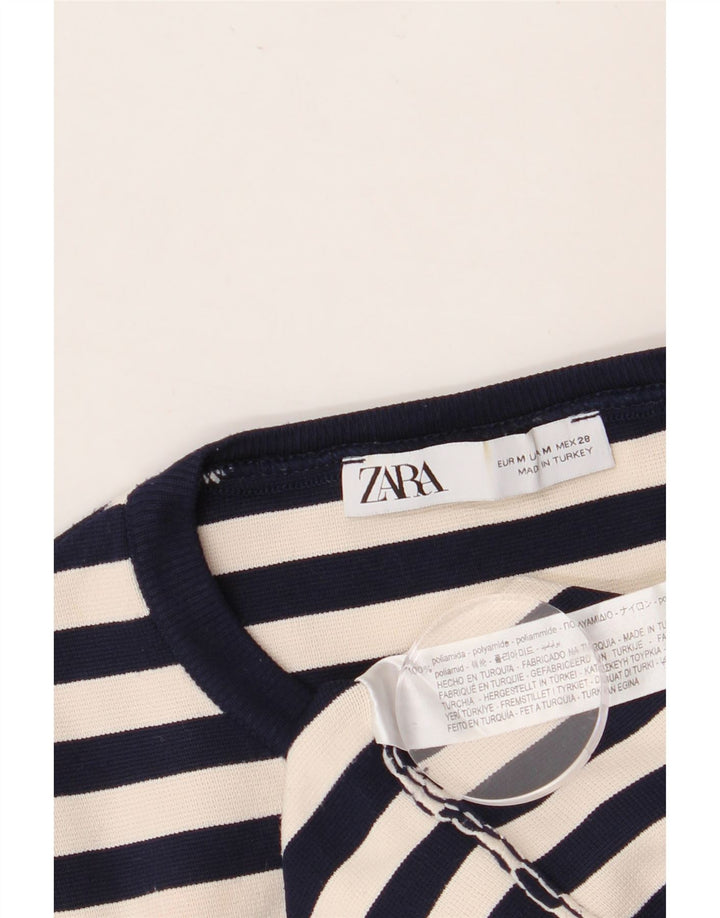 ZARA Womens Crop Top Long Sleeve UK 12 Medium Navy Blue Striped Polyamide