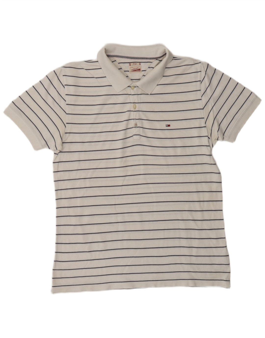 TOMMY HILFIGER Mens Classic Polo Shirt Large White Striped Cotton