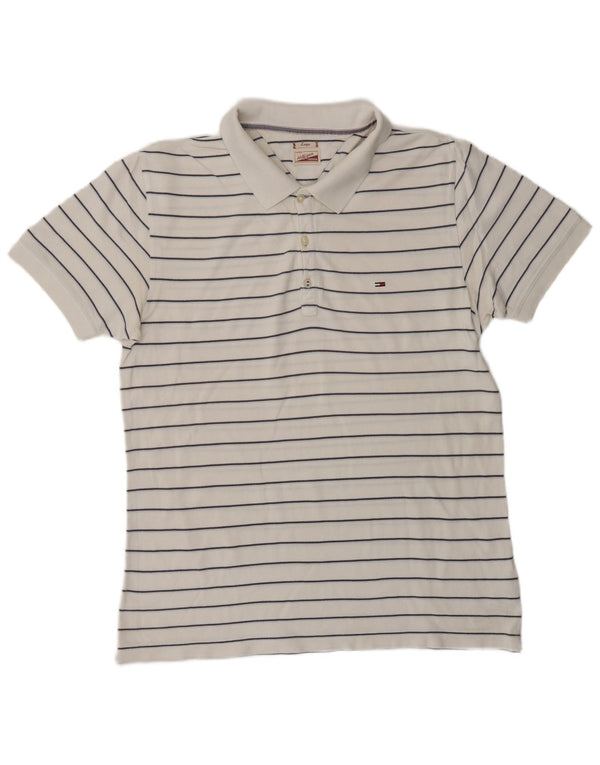 TOMMY HILFIGER Mens Classic Polo Shirt Large White Striped Cotton