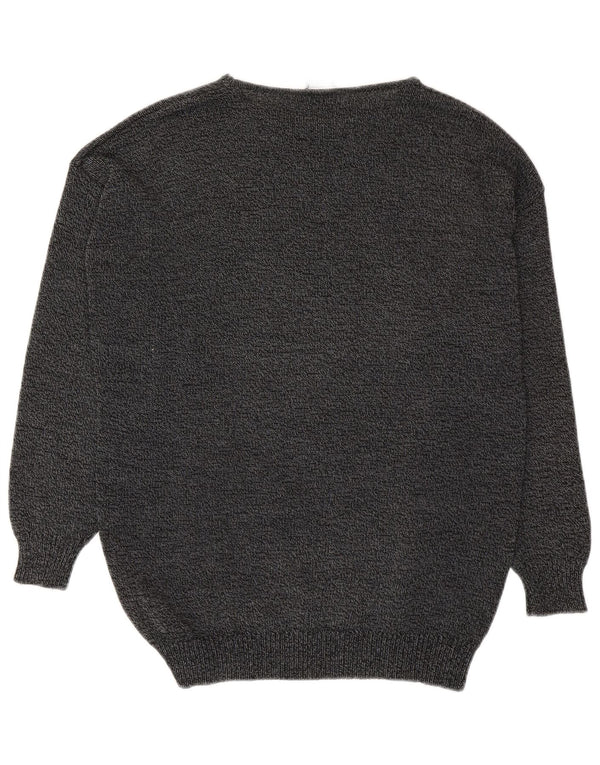 Vintage Womens Graphic Boat Neck Jumper Sweater UK 14 Medium Grey Flecked