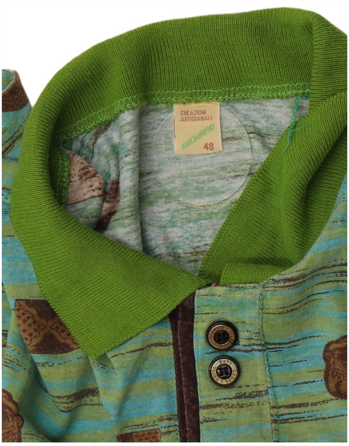 Vintage Mens Polo Shirt IT 48 Medium Green Geometric Cotton