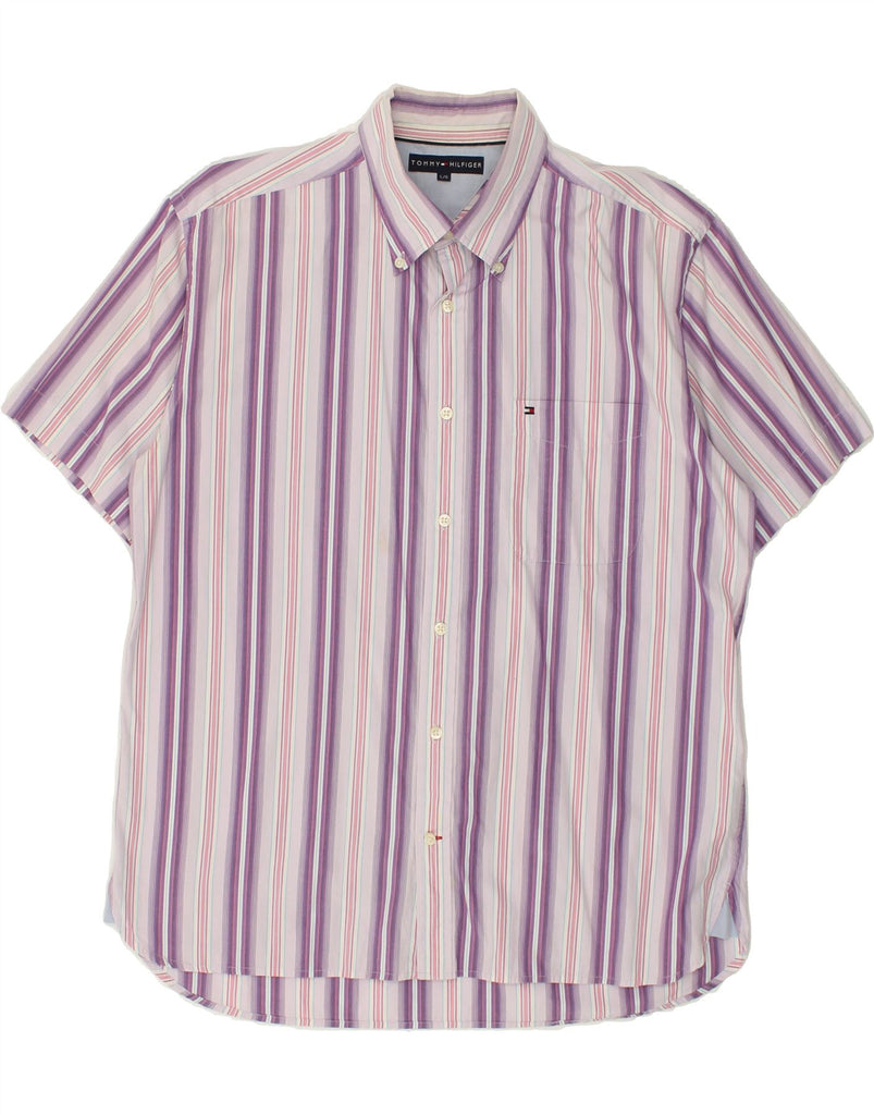 TOMMY HILFIGER Mens Short Sleeve Shirt Large Purple Striped Cotton | Vintage Tommy Hilfiger | Thrift | Second-Hand Tommy Hilfiger | Used Clothing | Messina Hembry 