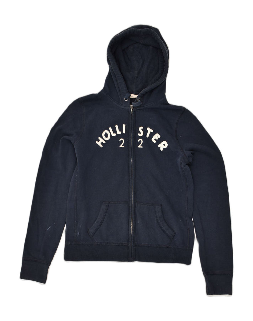 HOLLISTER Womens Graphic Zip Hoodie Sweater UK 14 Large Navy Blue Cotton | Vintage Hollister | Thrift | Second-Hand Hollister | Used Clothing | Messina Hembry 